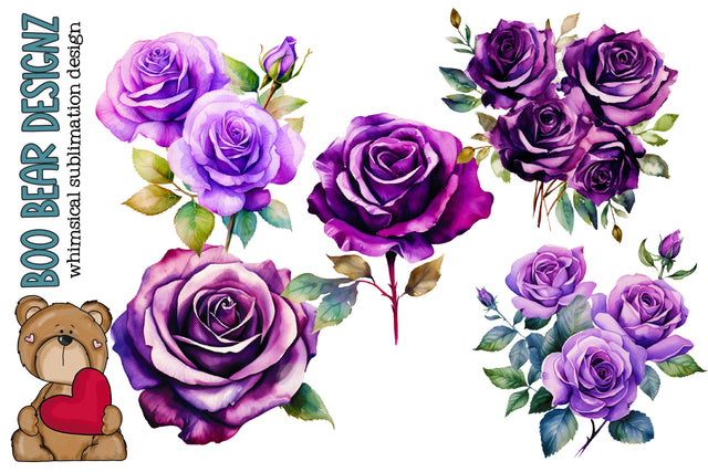 Watercolor Dark Purple Rose Clipart Sublimation Boo Bear Designz 