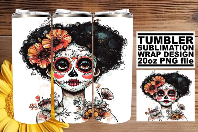Watercolor Day of the Dead Tumbler – 20oz Wrap Sublimation Sublimation afrosvg 