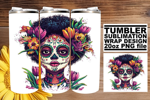Watercolor Day of the Dead Tumbler Wrap – 20oz Art Sublimation afrosvg 