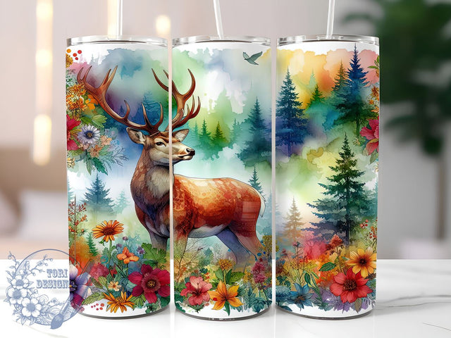 Watercolor Deer 20oz Skinny Tumbler, Colorful Forest Animals Tumbler Png, Straight & Tapered Tumbler Wrap, Instant Digital Download Sublimation ToriDesigns 