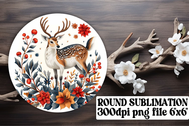 Watercolor Deer & Floral Keychain Round Design Sublimation Print Sublimation afrosvg 