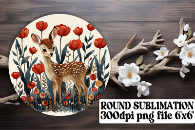 Watercolor Deer & Flower Keychain Round Design Sublimation Sublimation afrosvg 