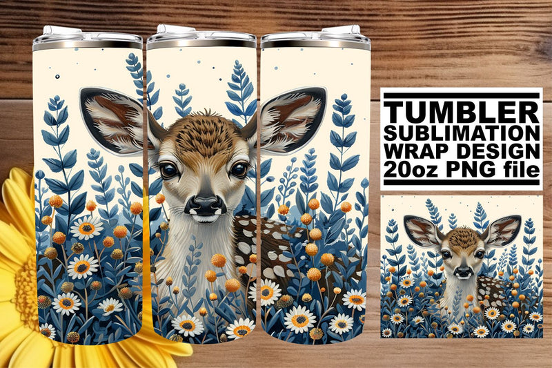 Watercolor Deer & Flower Tumbler Wrap 20oz Sublimation Design Sublimation afrosvg 