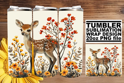 Watercolor Deer & Flower Tumbler Wrap 20oz Sublimation Design Sublimation afrosvg 