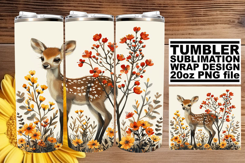 Watercolor Deer & Flower Tumbler Wrap 20oz Sublimation Design Sublimation afrosvg 