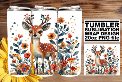 Watercolor Deer & Flower Tumbler Wrap 20oz Sublimation Sublimation afrosvg 