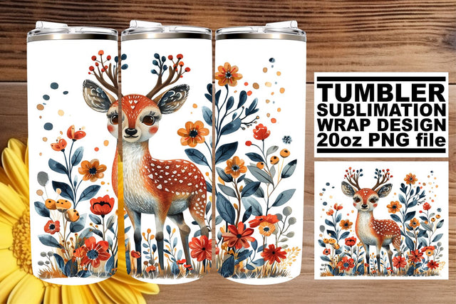 Watercolor Deer & Flower Tumbler Wrap 20oz Sublimation Sublimation afrosvg 