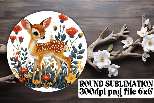 Watercolor Deer & Flowers Sublimation Keychain Round Design Sublimation afrosvg 