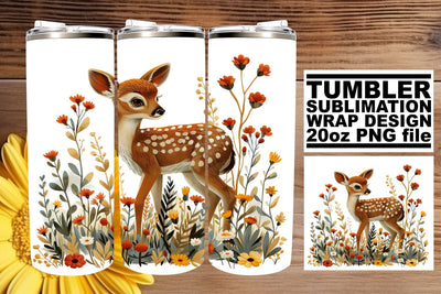 Watercolor Deer & Flowers Sublimation Tumbler Wrap 20oz Sublimation afrosvg 