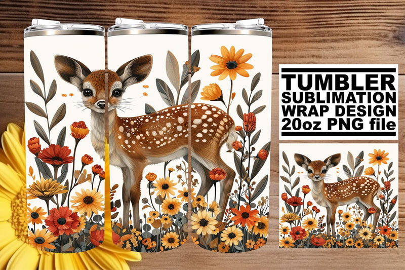 Watercolor Deer & Flowers Tumbler Wrap 20oz Sublimation Design Sublimation afrosvg 