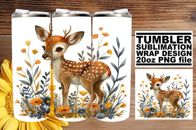 Watercolor Deer with Floral Tumbler Wrap 20oz Sublimation Sublimation afrosvg 