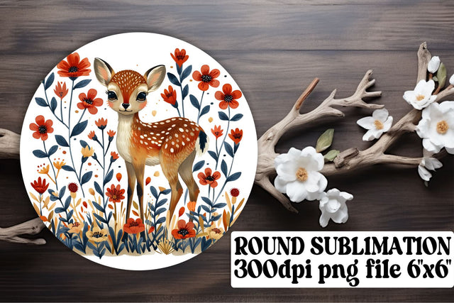 Watercolor Deer with Flowers Keychain Round Design Sublimation Art Sublimation afrosvg 