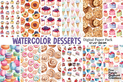 Watercolor Dessert Digital Paper | Sweets Sublimation Digital Pattern Fine Purple Elephant Creations 