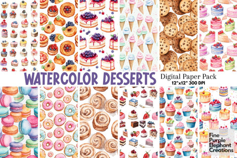 Watercolor Dessert Digital Paper | Sweets Sublimation Digital Pattern Fine Purple Elephant Creations 