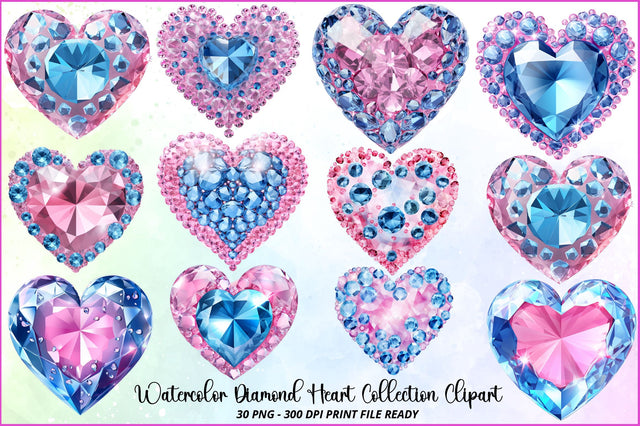 Watercolor Diamond Heart Collection Clipart Bundle Sublimation Regulrcrative 