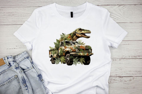 Watercolor Dinosaur & Camo Truck for Back to School Clipart Bundle Sublimation Designangry 