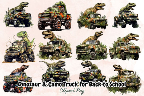 Watercolor Dinosaur & Camo Truck for Back to School Clipart Bundle Sublimation Designangry 