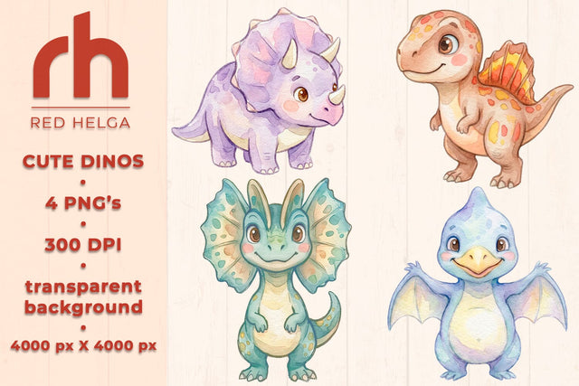Watercolor Dinosaur Clipart PNG, Nursery Art, Baby Shower SVG RedHelgaArt 
