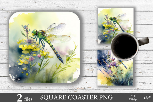 Watercolor Dragonfly Coaster PNG. Square Coaster Sublimation Sublimation Olga Terlyanskaya 