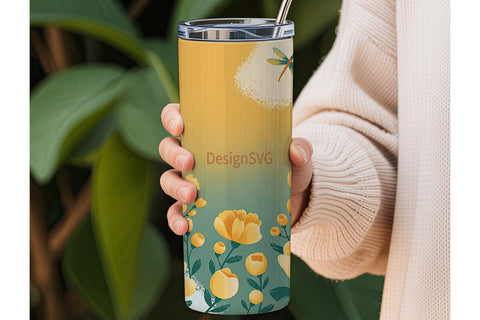 Watercolor Dragonfly Floral Tumbler Wrap Sublimation DesignSVG 