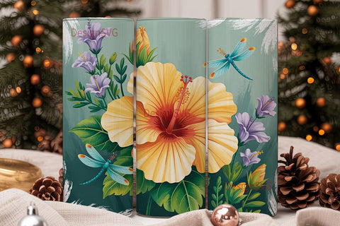 Watercolor Dragonfly Floral Tumbler Wrap Sublimation DesignSVG 