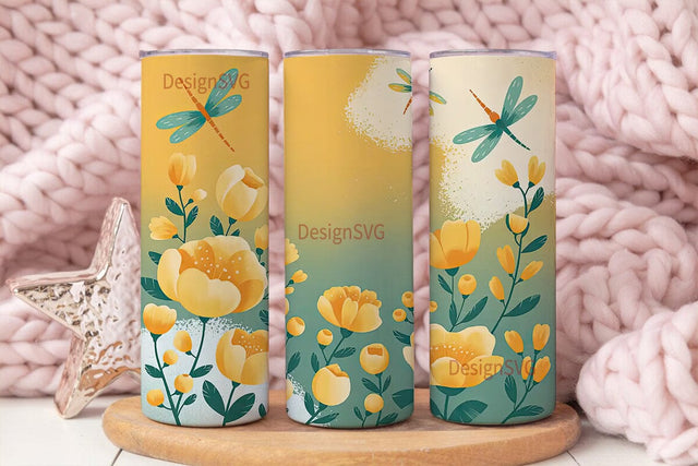 Watercolor Dragonfly Floral Tumbler Wrap Sublimation DesignSVG 