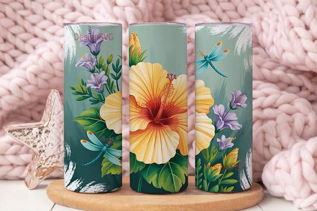 Watercolor Dragonfly Floral Tumbler Wrap Sublimation DesignSVG 