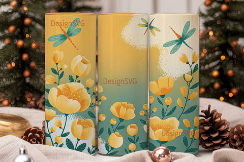 Watercolor Dragonfly Floral Tumbler Wrap Sublimation DesignSVG 