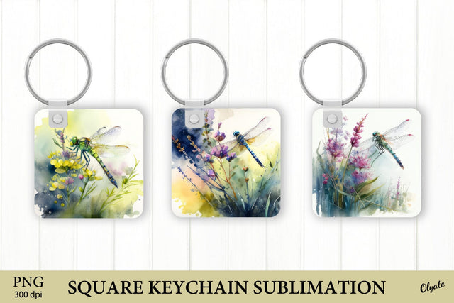 Watercolor Dragonfly Keychain. Square Keychain PNG Sublimation Olga Terlyanskaya 