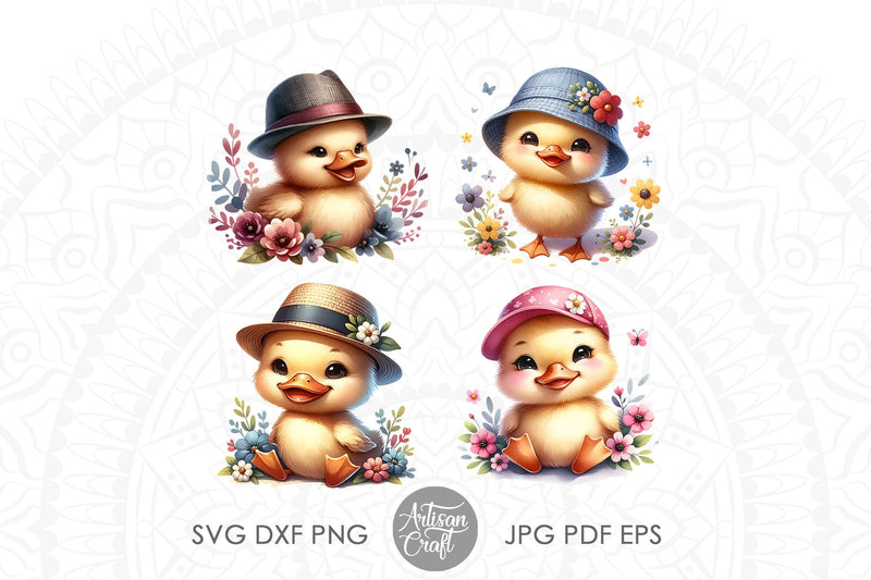 Watercolor duckling clipart wearing hats Sublimation Artisan Craft SVG 