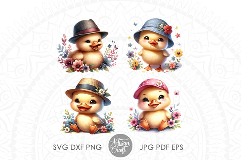 Watercolor duckling clipart wearing hats Sublimation Artisan Craft SVG 