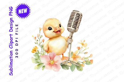Watercolor duckling singing into microphone surrounded by flowers Sublimation Regulrcrative 