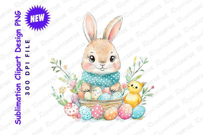 Watercolor easter bunny basket with chick clipart png Sublimation Regulrcrative 