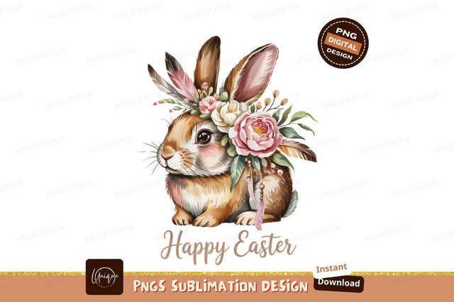 Watercolor Easter Bunny Floral Crown Illustration Sublimation Designangry 