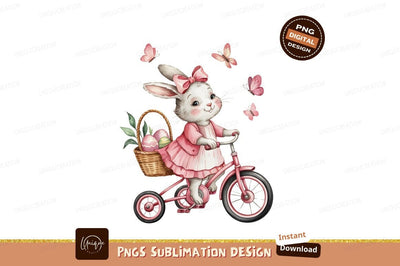 Watercolor Easter Bunny Girl Bicycle Illustration Sublimation Designangry 