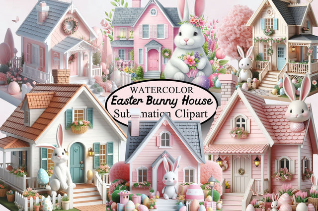 Watercolor Easter Bunny House Clipart Sublimation SVGArt 