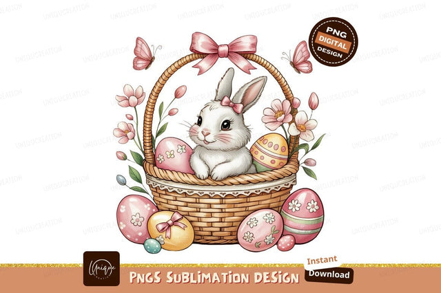 Watercolor Easter Bunny With Basket Filled Eggs Sublimation Designangry 