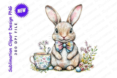 Watercolor Easter Bunny With Tea Clipart Png Sublimation Regulrcrative 