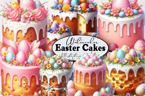 Watercolor Easter Cakes Clipart PNG Sublimation SVGArt 