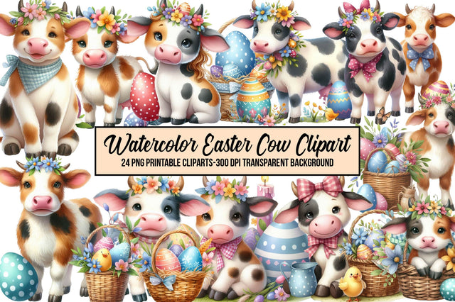 Watercolor Easter Cow Clipart Sublimation Rupkotha 