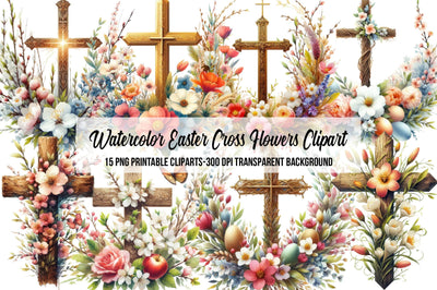 Watercolor Easter Cross Flowers Clipart Sublimation Rupkotha 