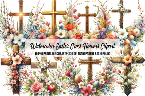 Watercolor Easter Cross Flowers Clipart Sublimation Rupkotha 