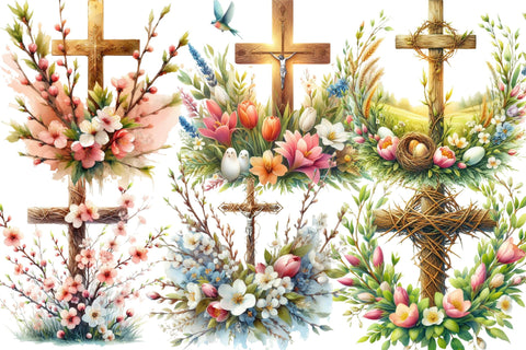 Watercolor Easter Cross Flowers Clipart Sublimation Rupkotha 