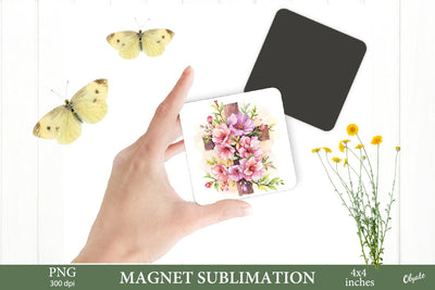 Watercolor Easter Cross with Flower PNG. Easter Magnet PNG Sublimation Olga Terlyanskaya 