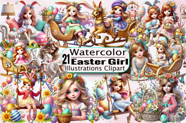 Watercolor Easter girl Sublimation Clipart Bundle Sublimation SVGArt 
