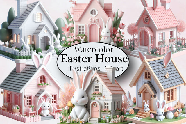 Watercolor Easter House Clipart Bundle Sublimation SVGArt 