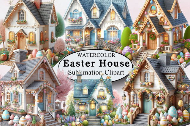 Watercolor Easter House Clipart Sublimation SVGArt 