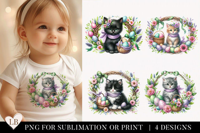 Watercolor Easter Kitten Sublimation Bundle, Spring Wreaths Sublimation BijouBay 