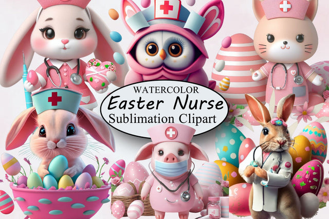 Watercolor Easter Nurse Animals Clipart Sublimation SVGArt 