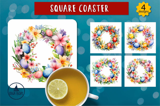 Watercolor Easter wreath coasters Easter sublimation design Sublimation Olga Boat Design 